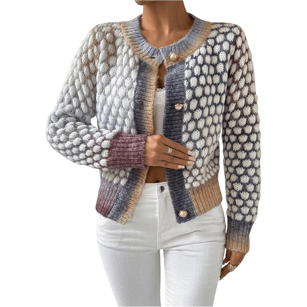 Women's Cropped Knit Cardigan Tweed Button Long Sleeve Fall Trendy